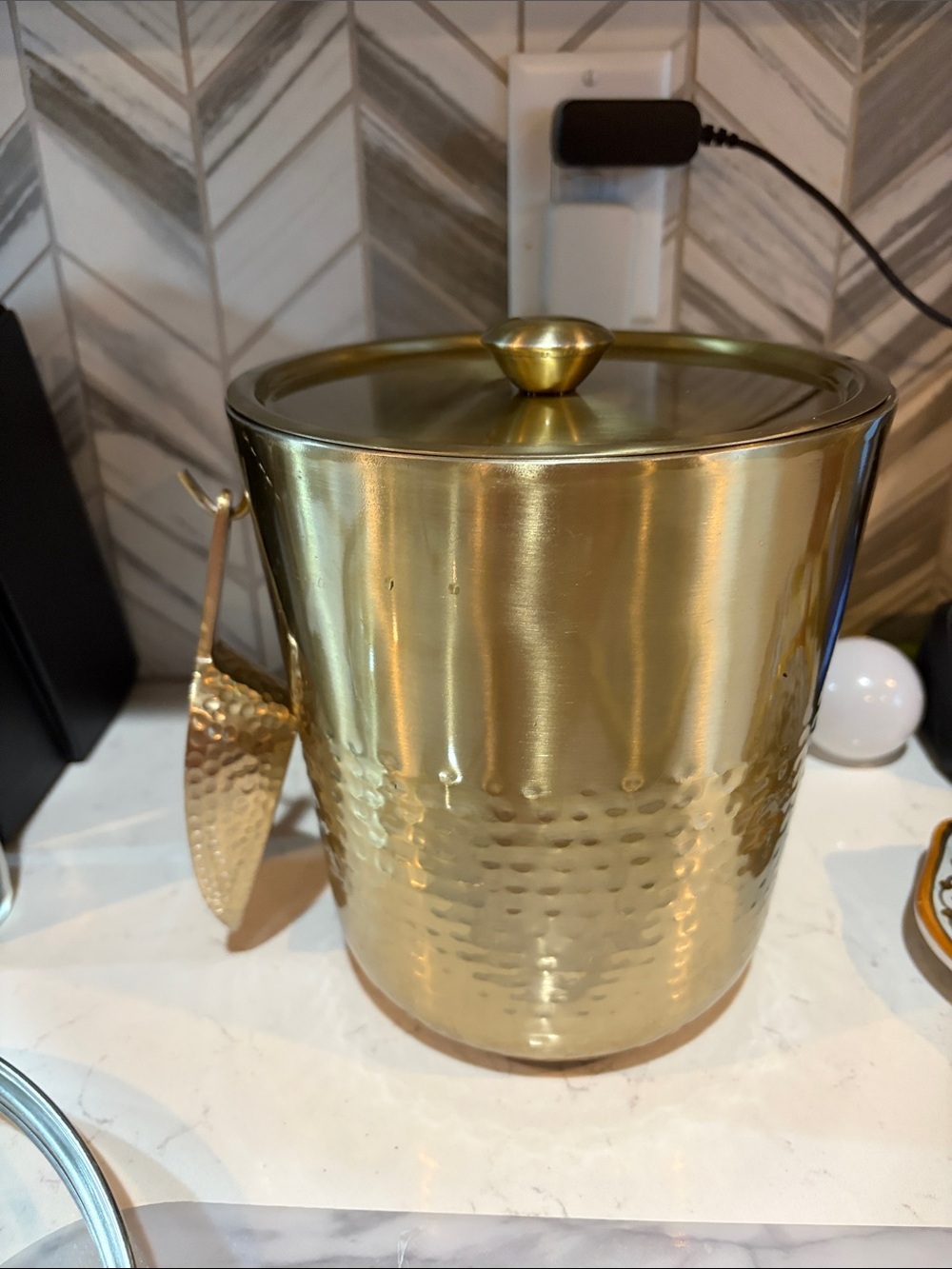 Brass Finish Hammered Ice Bucket with Lid and Scoop